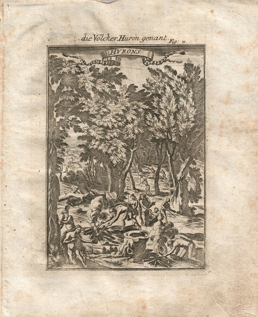 1719 HURONS plate 11 from Beschreibung Des gantzen Welt-Kreises: Plate 11 : "HURONS" engraving from German edition of "Description of entire world" Beschreibung Des gantzen WeltKreises by Alain Manesson Mallet Frankfurt; 1719 Size 6.5 by 8 inches (overall, includin