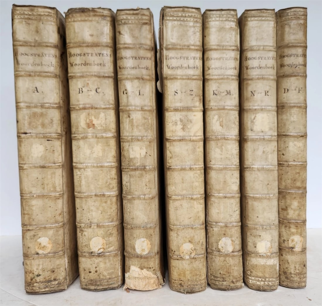1733 HISTORICAL GEOGRAPHICAL GENEALOGICAL DICTIONARY 7 VOLS antique VELLUM FOLIO: Hoogstraten, D. van and Schuer, J.L. Groot algemeen historisch, geografisch, genealogisch en oordeelkundig woordenboek (...). ( Large general historical, geographical, genealogical and judicious dicti