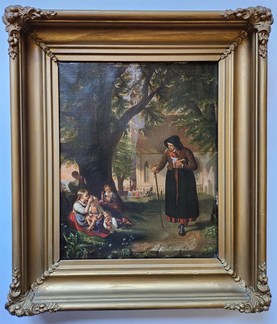 19TH century ANTIQUE PAINTING framed OLD LADY with KIDS: ANTIQUE PAINTING OIL on CANVAS Late 19th century Framed Size 12.5 by 15.5 inches Frame 19 by 22" Please see my other auctions Reserve: $500.00 Shipping: Domestic: Flat-rate of $25.00 to anywhere wi