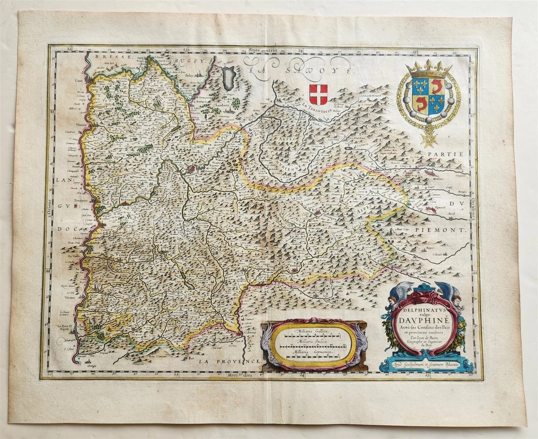 1640 MAP of FRANCE DAUPHINE PROVINCE WILLEM BLAEU antique AUTHENTIC hand colored: MAP DELPHINATUS vulgo DAUPHINE Amsterdam: Willem Blaeu; 1640. (from : Theatrum orbis terrarum, sive Atlas novus) Map of FRANCE: former province of Dauphine in southeastern France, which is also known 