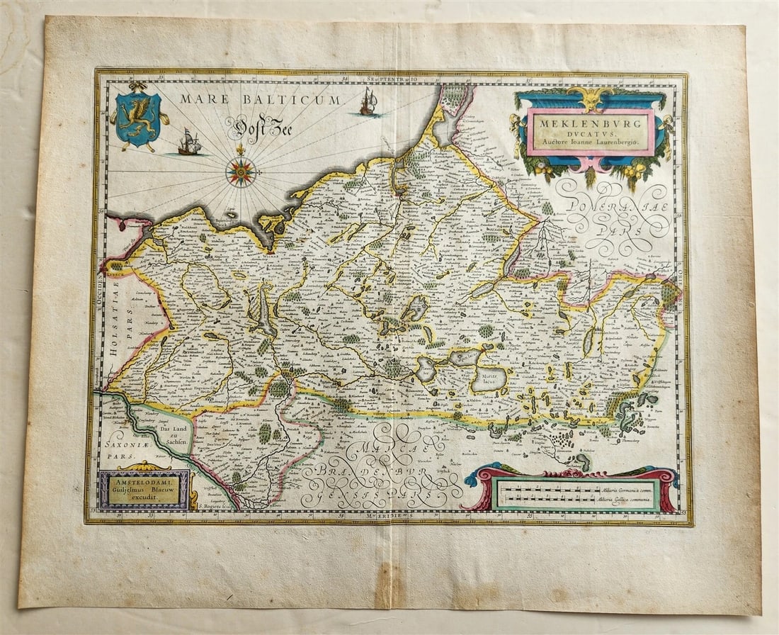 1640 MAP of GERMANY MECKLENBURG by WILLEM BLAEU antique AUTHENTIC hand colored: MAP MEKLENBURG DUCATUS Amsterdam: Willem Blaeu; 1640. (from : Theatrum orbis terrarum, sive Atlas novus) Map of Germany: Duchy of Mecklenburg Hand colored Size of the plate 14 1/4 by 19 inches Overall