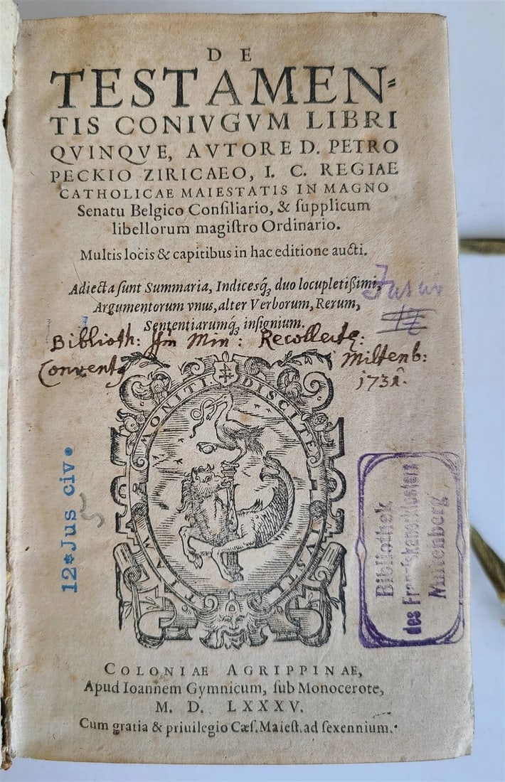 1585 LAW BOOK in LATIN De Testamentis Coniugum Libri Quinque antique VELLUM: De Testamentis Coniugum Libri Quinque. bound with: Tractatus de Cessione Bonorum Mathaei Bruni Ariminensis I.C. Clarissimi Koln (Cologne), Gymnich ; 158591 Size 4 1/4 by 6 3/4" (8) lvs, 514 pp, (44) p