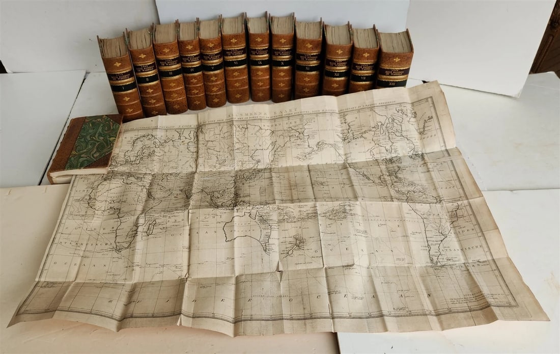 1795-1803 VOYAGE of CAPTAIN COOK 13 vols DUTCH ILLUSTRATED antique MAPS PLATES: Cook, James Reizen rondom de waereld. Dutch translation of J.D. Pasteur Leyden/ Amsterdam/ The Hague: Honkoop/ Allart/ Van Cleef; 17951803 13 volumes 13 engraved titlepages, portrait, 52 folding maps,
