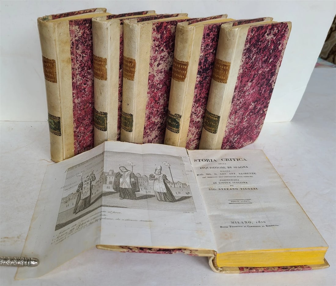 1820 HISTORY of SPANISH INQUISITION in ITALIAN 6 VOLUMES antique ILLUSTRATED: Llorente, J.A. Storia critica della Inquisizione di Spagna (Critical history of the Spanish Inquisition) 6 volumes. Milan, Bocchetto; 1820. With 12 partly folded plates. Original half vellum over marb