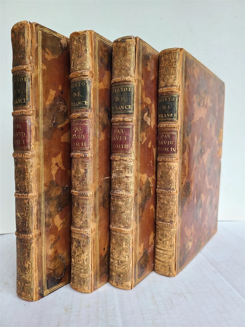 1787 FRENCH HISTORY 4 VOLUMES ILLUSTRATED w/ 115 NICE ENGRAVINGS antique: David, F.A. Histoire de France, representee par figures. Accompagnees de discours (par l'abbe Guyot). 4 (of 5) volumes. Paris; 1787 Size: 7.5 by 10" With engraved titlepiece, 115 engraved plates by Da