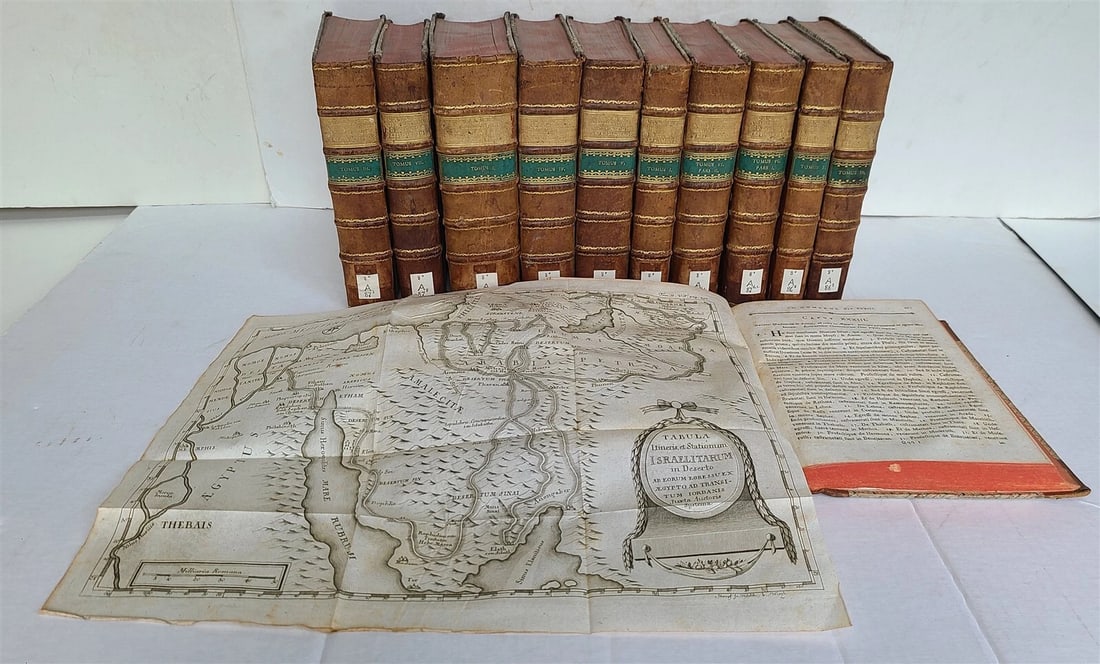 1789-92 BIBLE COMMENTARY by A. CALMET 11 VOLUMES ILLUSTRATED w/ MAPS antique: Antoine Augustin Calmet Commentarius literalis in omnes libros veteris (et novi) testamenti. Ed. noviss. 11 volumes (incomplete set) Wurzburg, Rienner; 178992 With engraved front and numerous copperpl