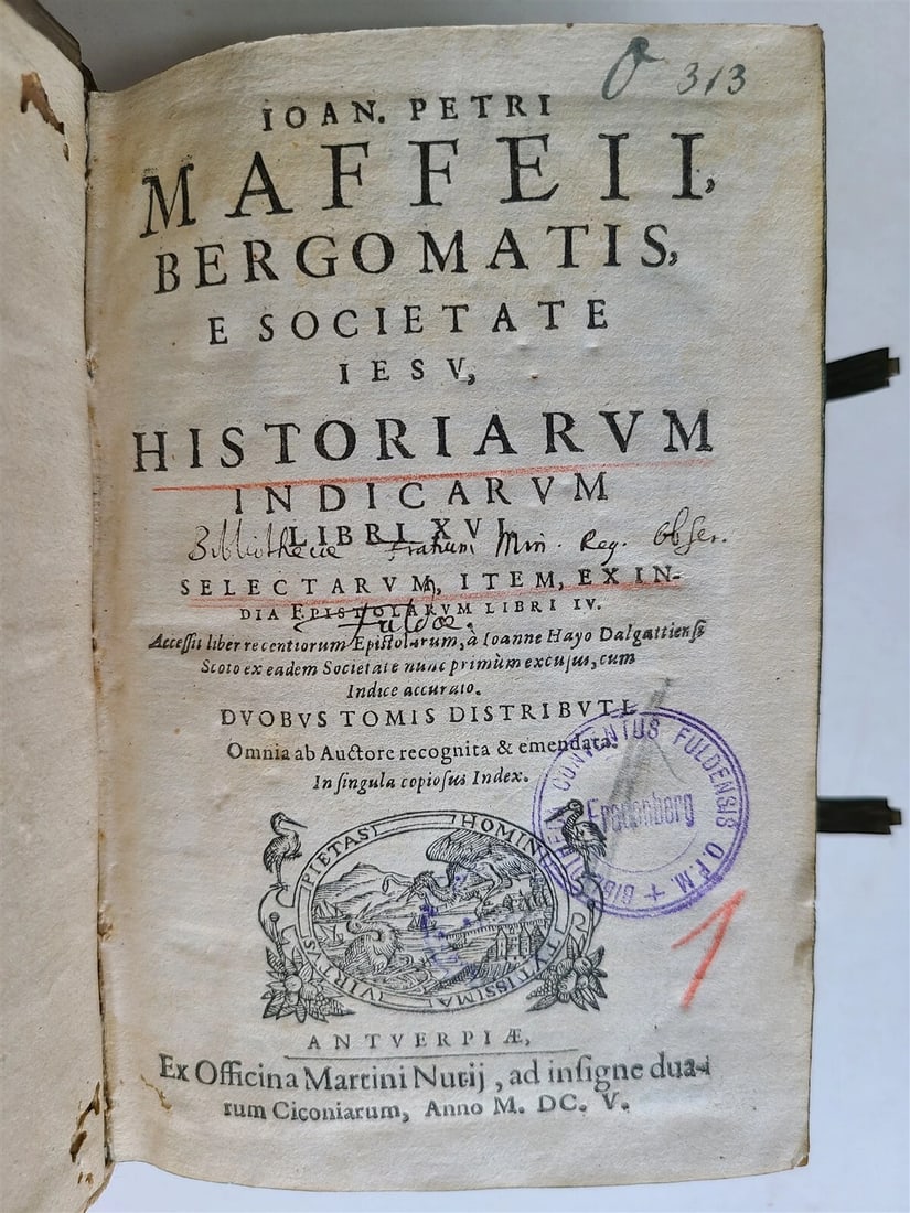 1605 HISTORY of INDIA by G. Maffei LATIN antique PIGSKIN Historiarum Indicarum: Historiarum Indicarum libri XVI. Selectarum, item, ex India epistolarum libri IV. by Maffei, G.P. 2 parts in 1 volume Antwerp, Nutius ; 1605 Maffei's great history of India. Early 17thcentury edition 