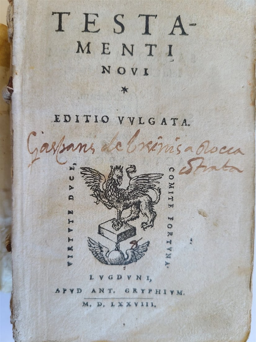 1578 BIBLE ILLUSTRATED in LATIN antique NEW TESTAMENT TESTAMENTI NOVI scarce 16c: TESTAMENTI NOVI Lugduni; 1578 2 parts in one volume Half vellum over cardboard binding 496, 341, [16] pp ILLUSTRATED Pocket size : 3 1/4 by 4 3/4" Good interior condition, bookblock and hinges broken 
