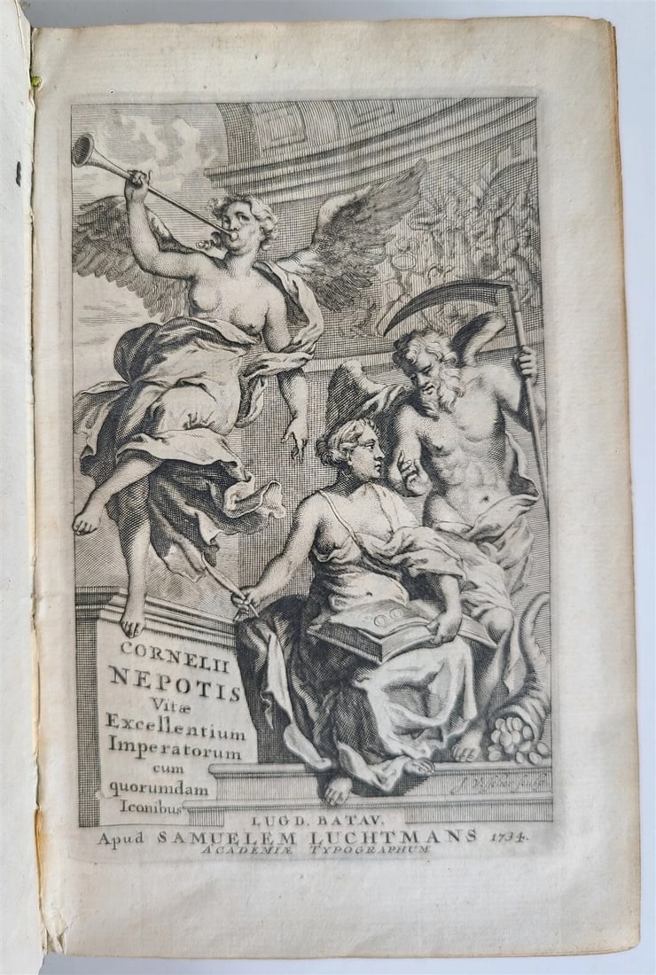 1734 VITAE EXCELLENTIUM IMPERATORUM CORNELIUS NEPOS VELLUM antique ROMAN: CORNELII NEPOTIS VITAE EXCELLENTIUM IMPERATORUM CUM QUORUMDAM ICONIBUS. Ed. J. Gebhardus, H. Ernstius and J.A. Bosius. Leiden: Samuelem Luchtmans; 1734 Size 5 by 8" (32),765,(181)pp. Full vellum, gilt