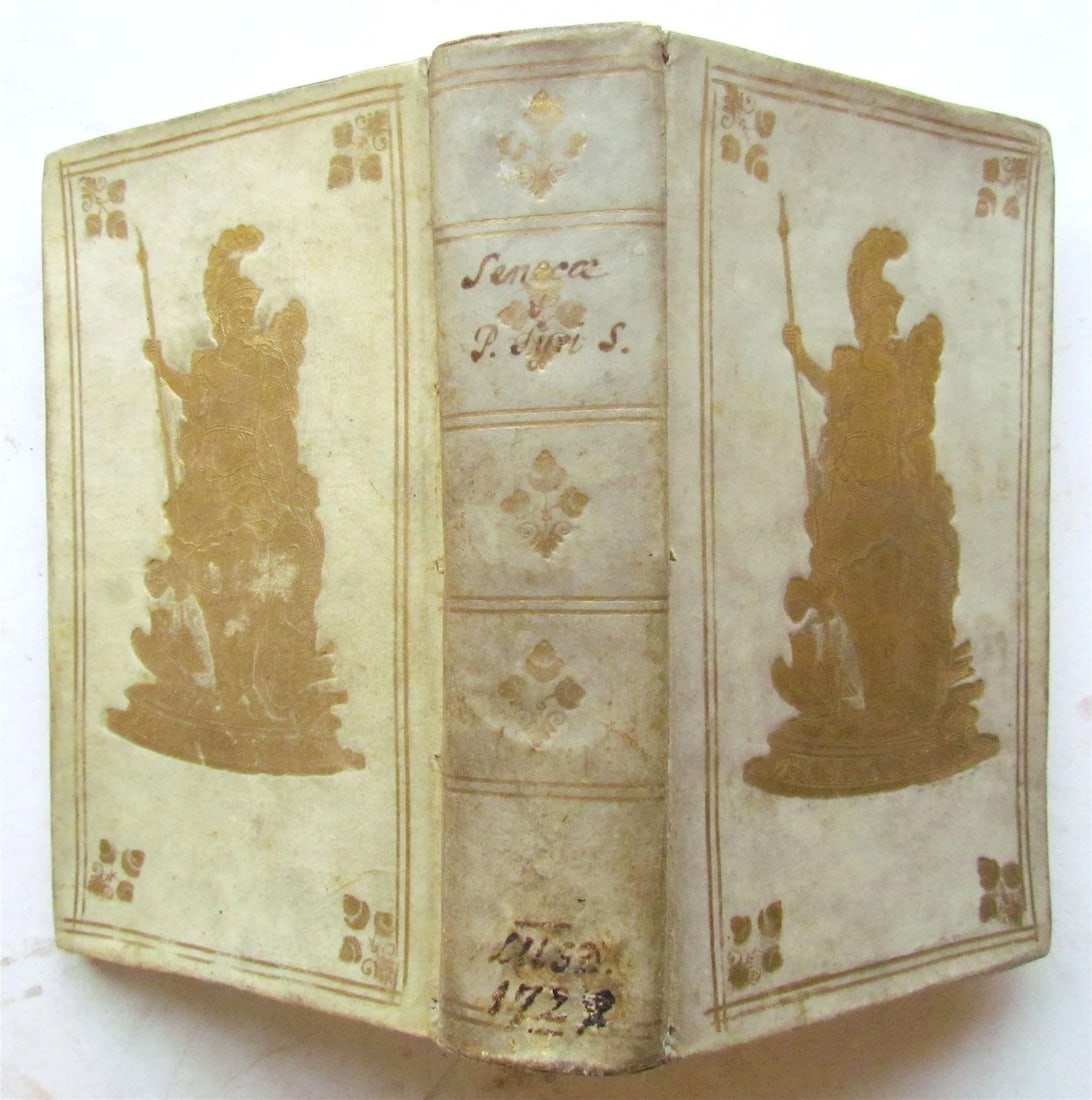 1727 SENECA in LATIN & GREEK antique GILT STAMPED PRIZED VELLUM BINDING (1 of 8)