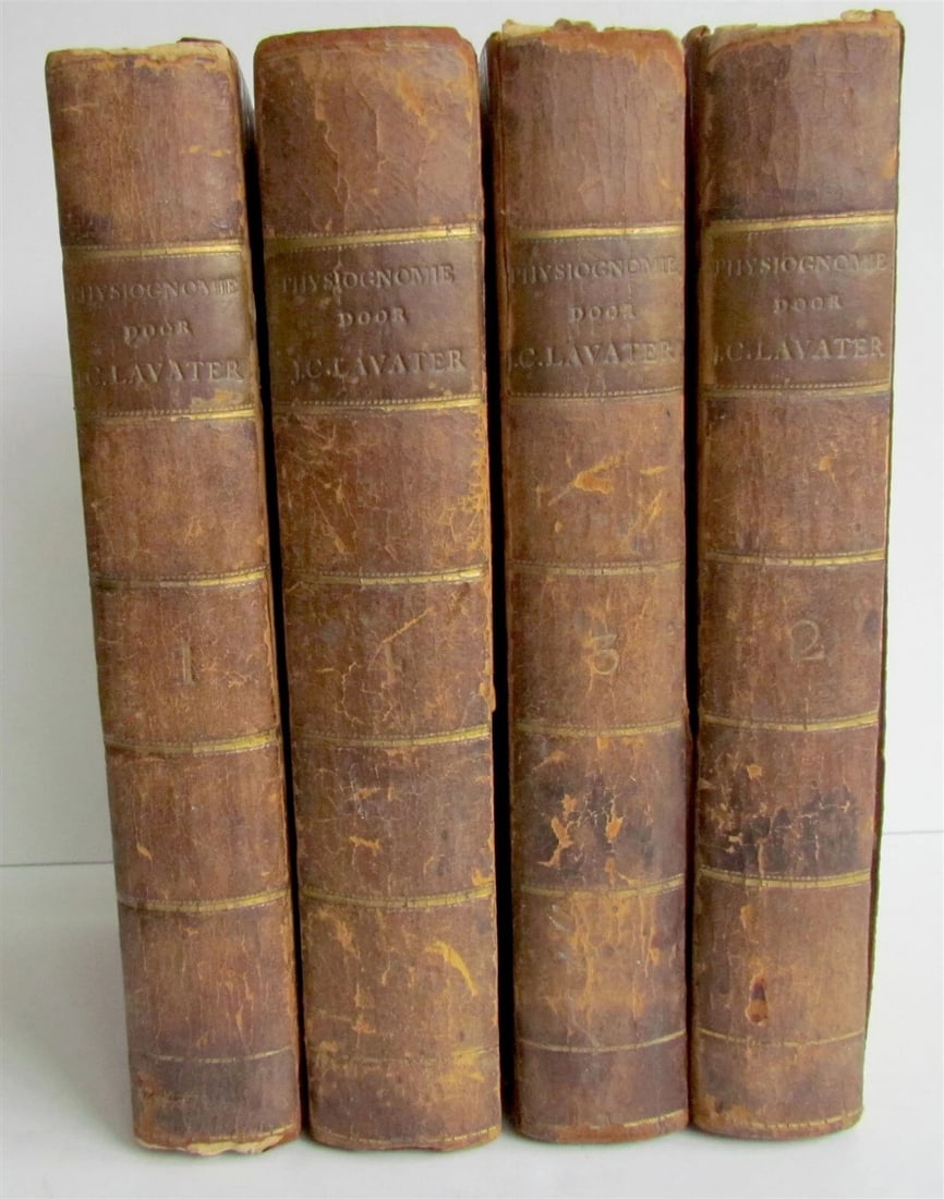 1781 4 volumes PHYSIOGNOMY ILLUSTRATED 18th century antique set: PHYSIOGNOMY OVER DE PHYSIOGNOMIE J.C. Lavater. Amsterdam, J. Allart, 17811784. Engraved frontispieces, large 8vo (5 3/4 by 8 3/4"). Half leather. XX, 357, (2), VIII, 342, VI, 347, (2), 435, (20) p. Co