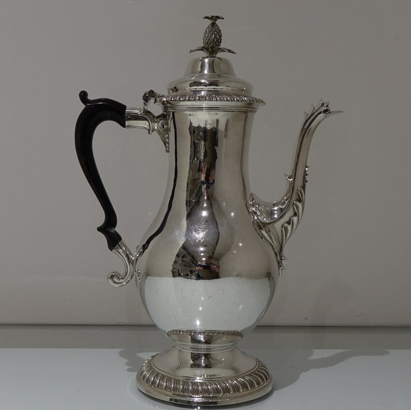 18th Century Antique George III Sterling Silver Coffee Pot London 1775 James Stamp: Title:18th Century Antique George III Sterling Silver Coffee Pot London 1775 James Stamp Description:Description A splendid 18th century plain formed pear shaped coffee pot elegantly decorated with