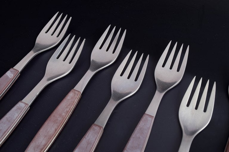 Henning Koppel for Georg Jensen, Denmark. Set of eight dinner forks in stainless steel with brown - 3