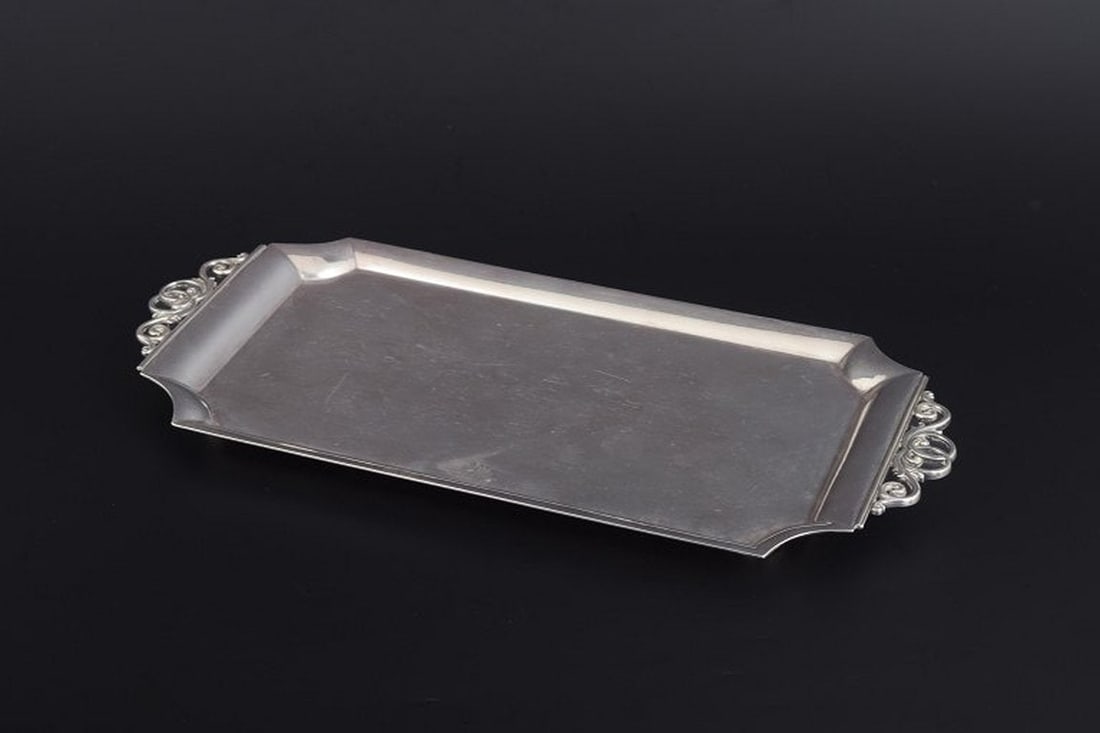 Georg Jensen, Denmark. Rectangular sterling silver tray with shaped corners and openwork scroll (1 of 4)