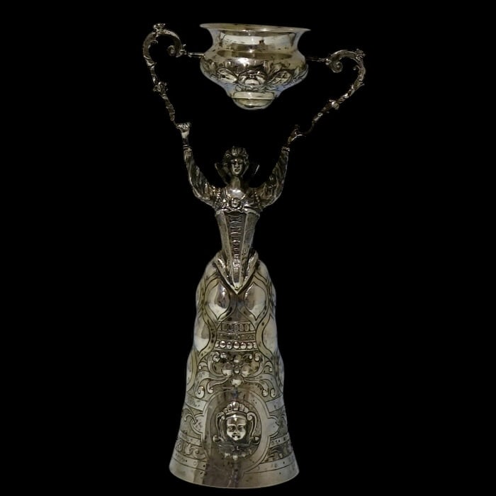 19th Century Antique 800 Standard Silver Wager/Marriage German Circa 1885: Title:19th Century Antique 800 Standard Silver Wager/Marriage German Circa 1885 Description:Description A beautifully designed partial gilt 19th century figural wager cup with ornate designs set on a