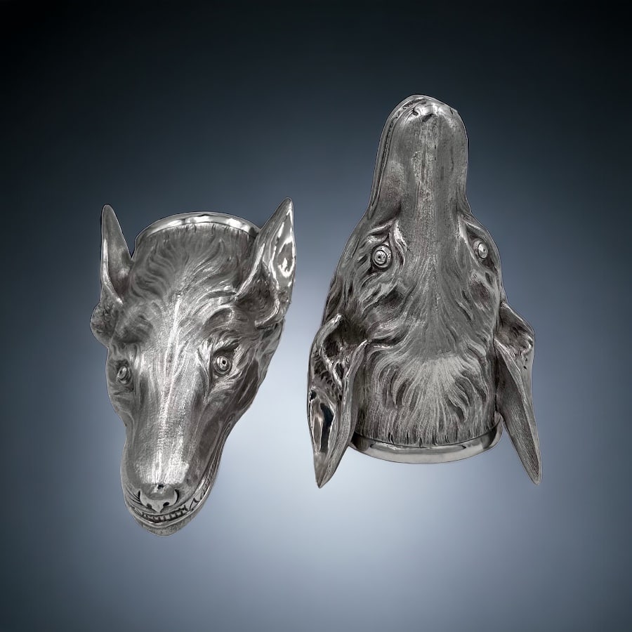 Early 19th Century Antique George III Silver Pair Fox Stirrup Cups London 1802 John Edwards: Title:Early 19th Century Antique George III Silver Pair Fox Stirrup Cups London 1802 John Edwards Description:Description Truly rare and incredibly fine pair of cast fox head stirrup cups decorated wi