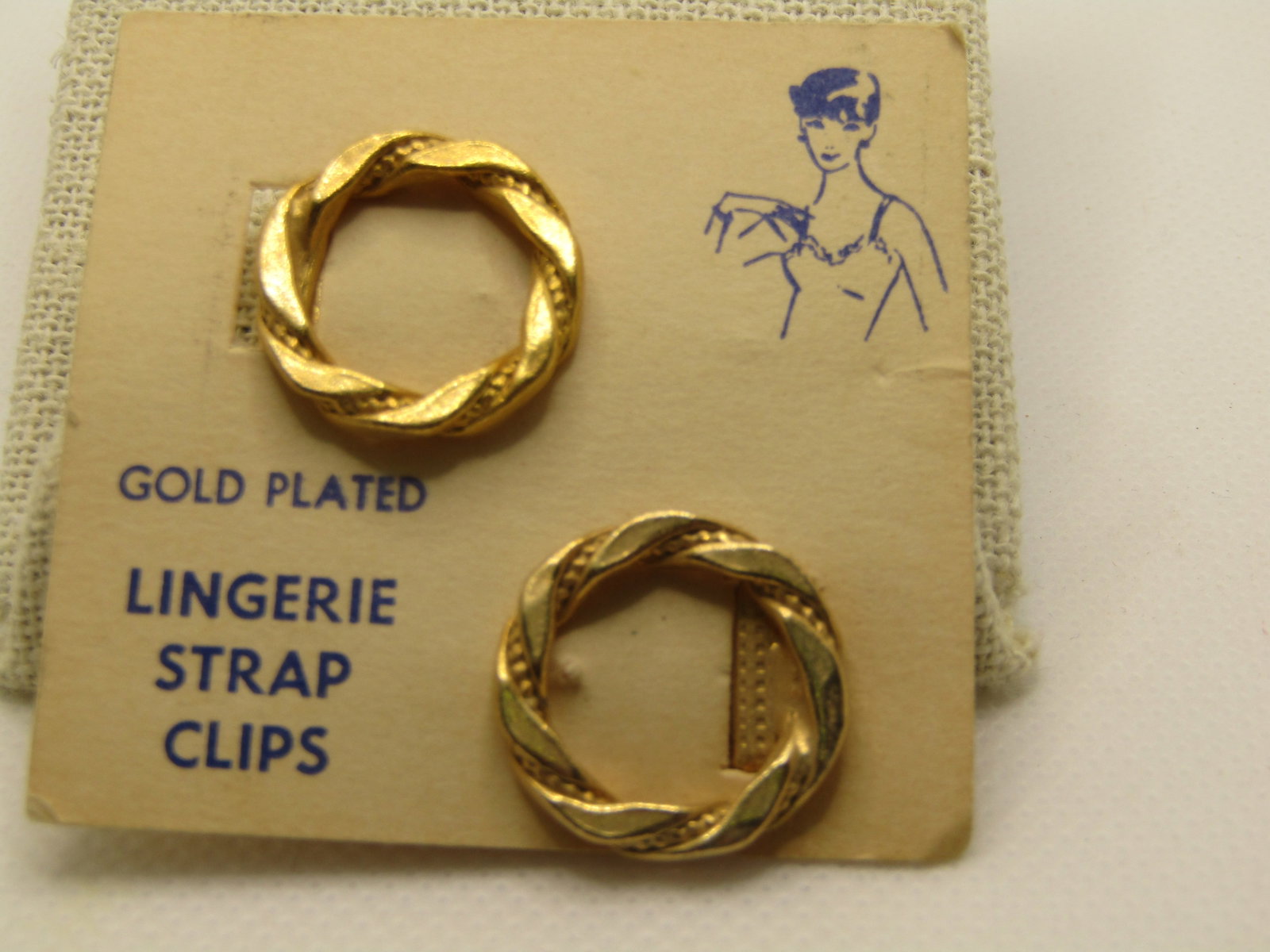Vintage Lingerie Strap Clips, Two Circle Clips, Gold Plated, On Original Cards, Mid-Century - 2