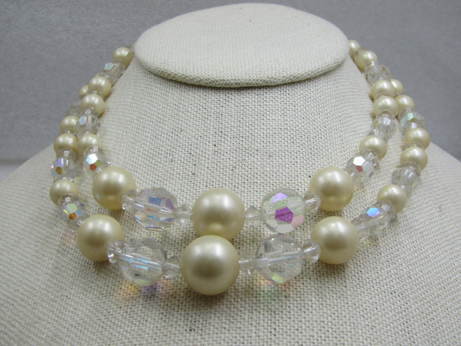 Vintage Crystal Aurora Borealis and Faux Pearl Necklace, 16" - 2