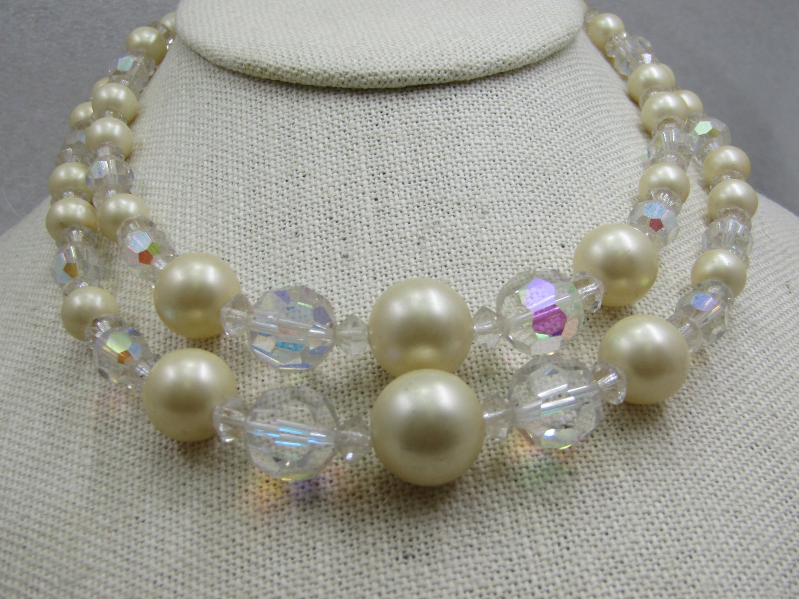 Vintage Crystal Aurora Borealis and Faux Pearl Necklace, 16" - 3