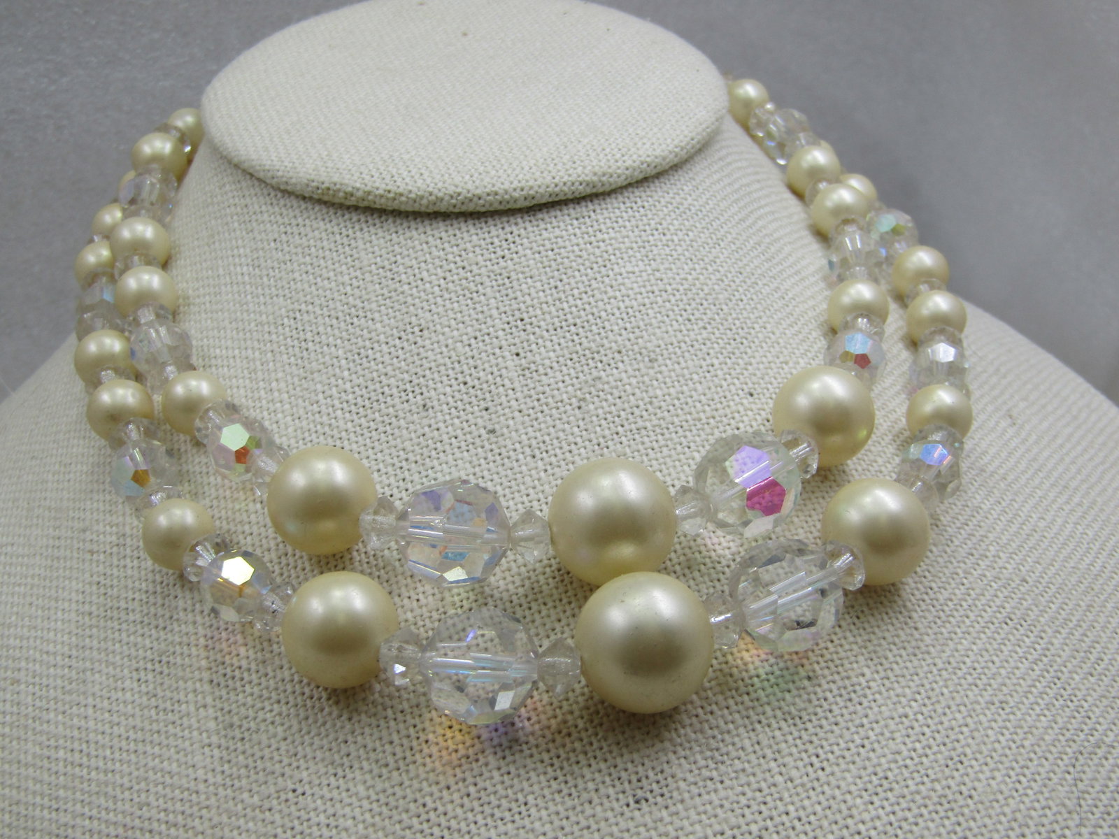 Vintage Crystal Aurora Borealis and Faux Pearl Necklace, 16" - 4