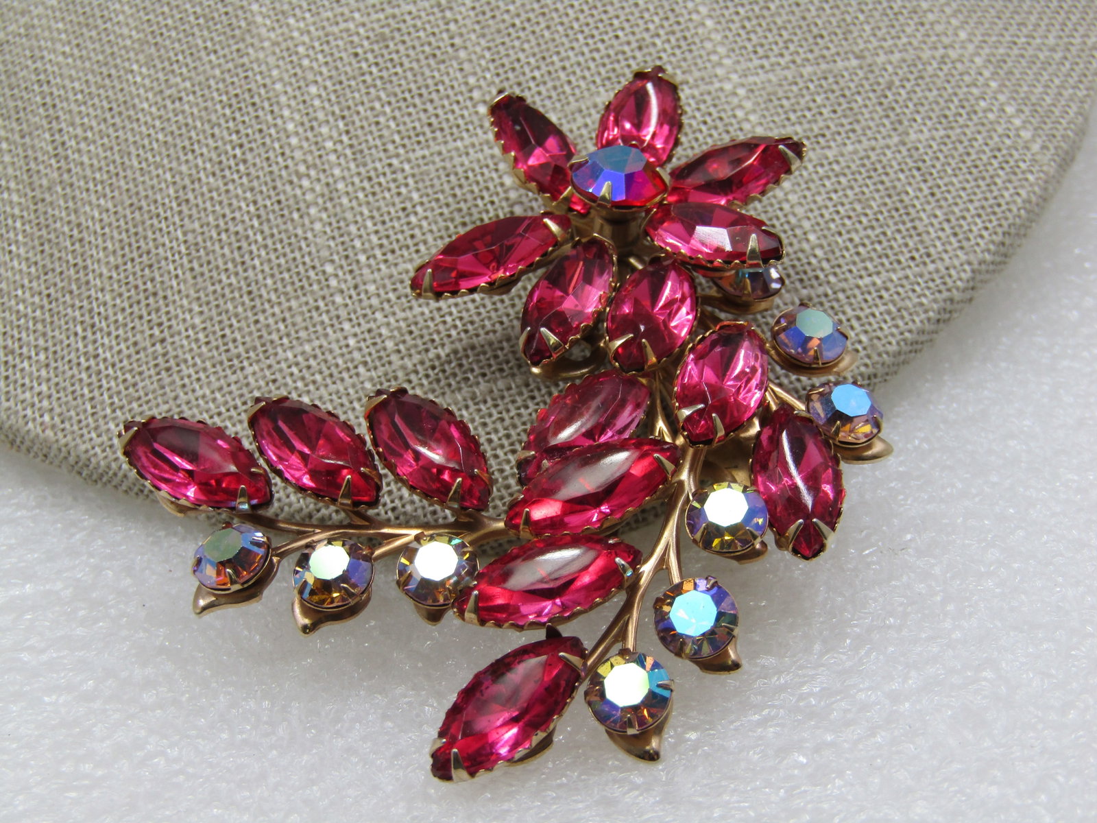 Vintage Pink and Blue A.B. Rhinestone Brooch, Mid-Century - 3