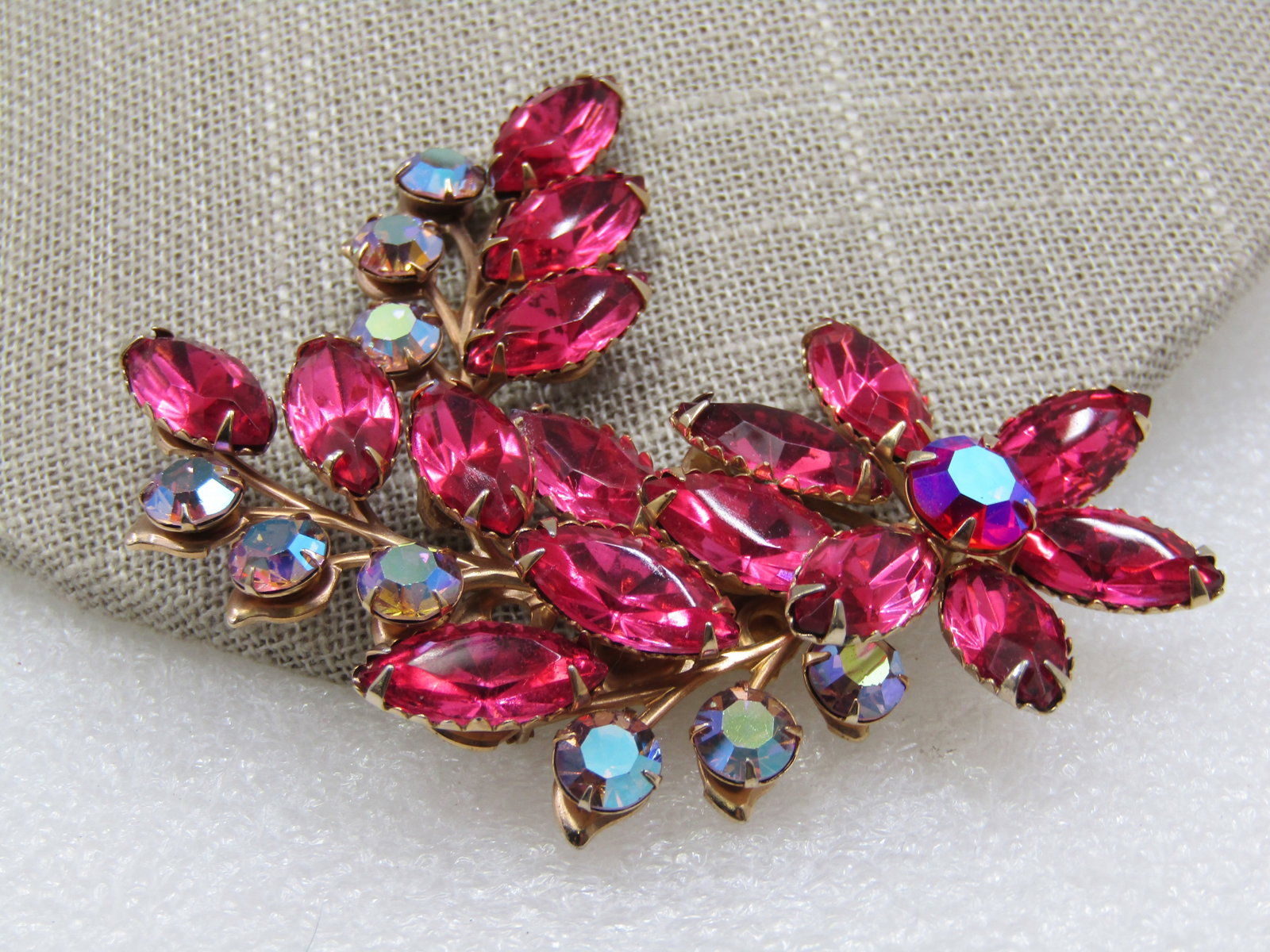 Vintage Pink and Blue A.B. Rhinestone Brooch, Mid-Century - 4