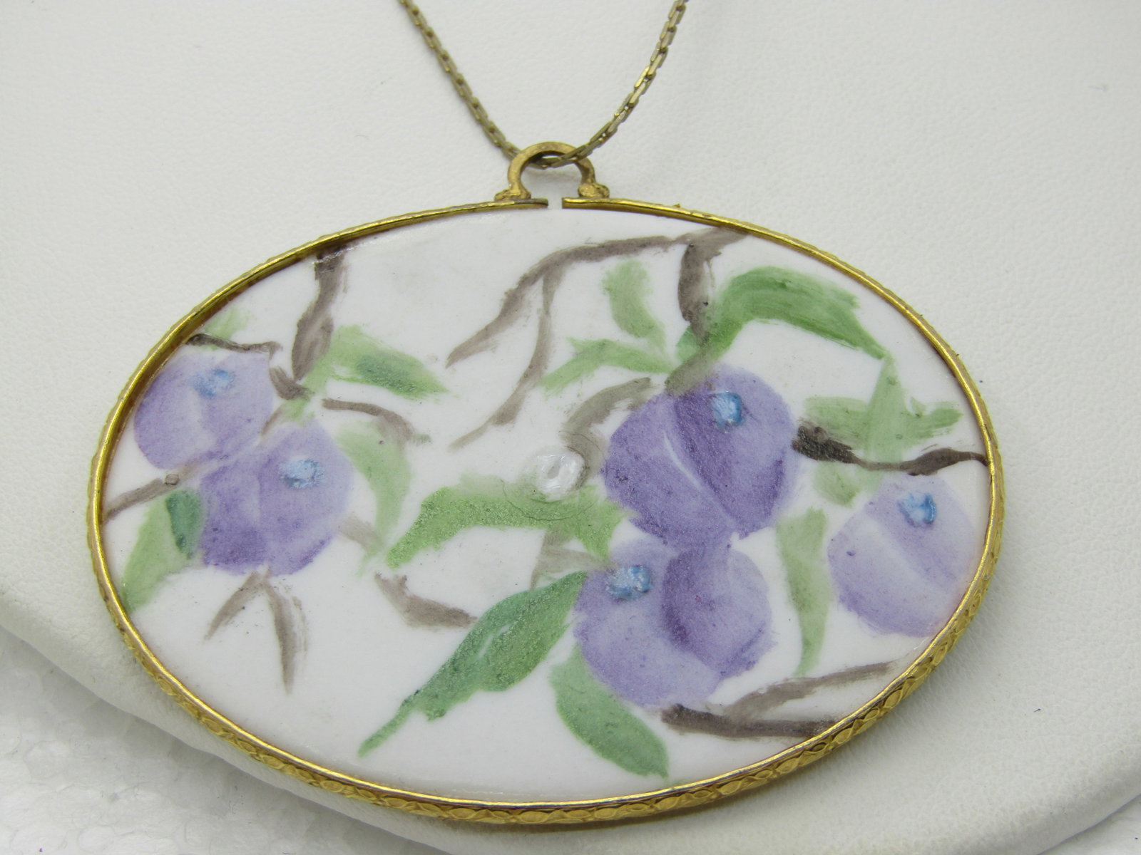 Vintage Purple Plums Porcelain Painted Necklace, Signed MR, 24" Herringbone Chain - 2