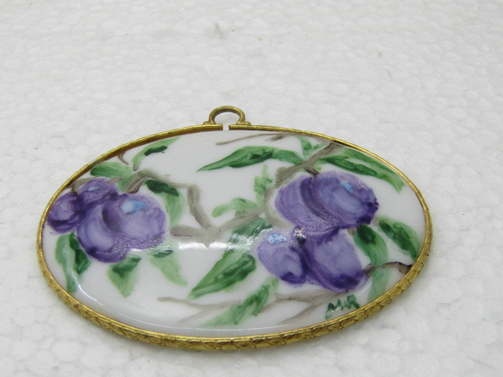 Vintage Purple Plums Porcelain Painted Necklace, Signed MR, 24" Herringbone Chain - 4