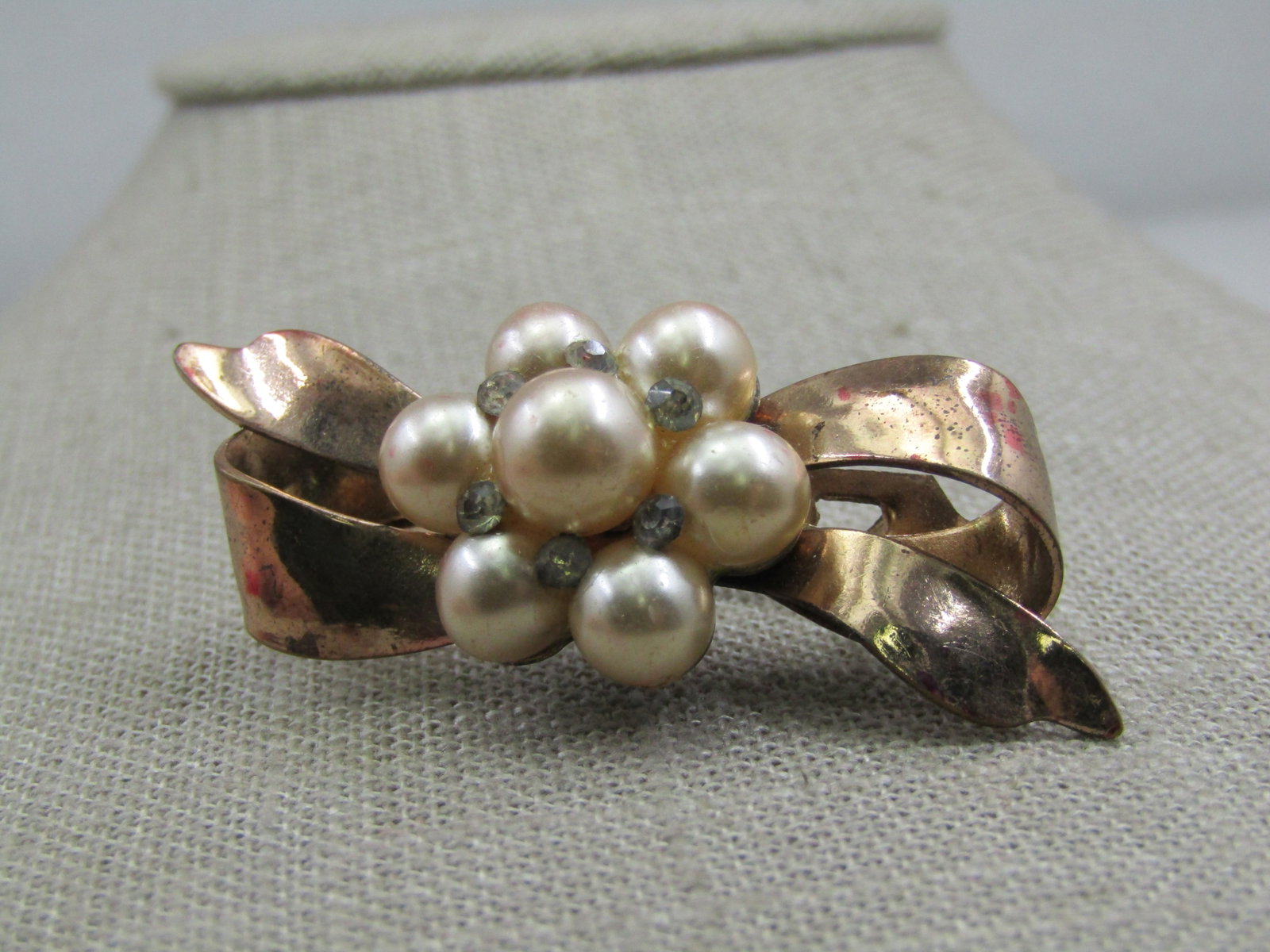 Vintage Faux Pearl and Rhinestone Bow Brooch, 1.75" - 2