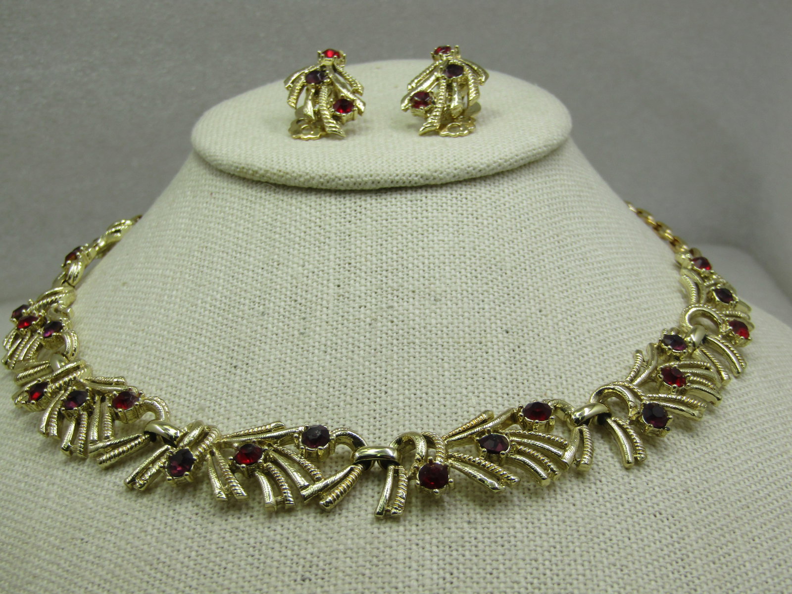 Vintage Coro Red Rhinestone Necklace and Earrings Set, Mid-Century, - 3