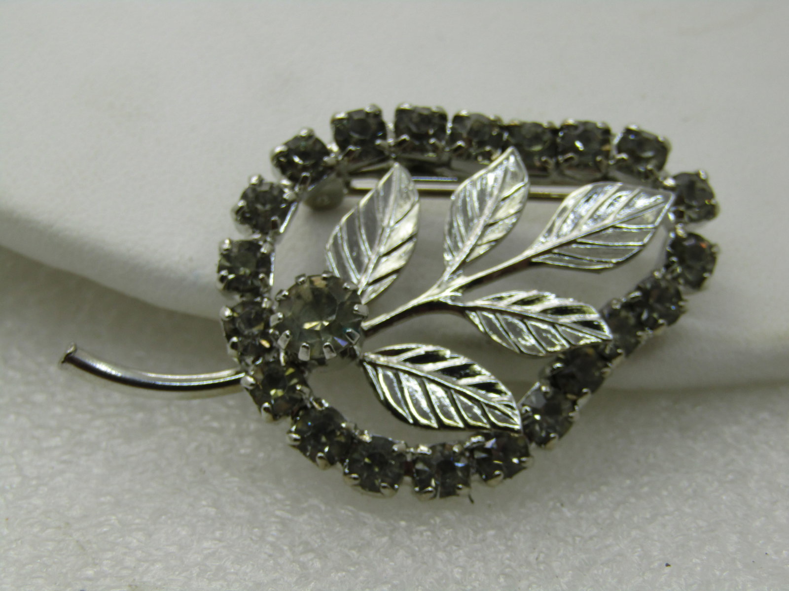 Vintage Rhinestone Pear-Shaped Brooch with Leaves, 1960's, Silver tone, 2" - 3