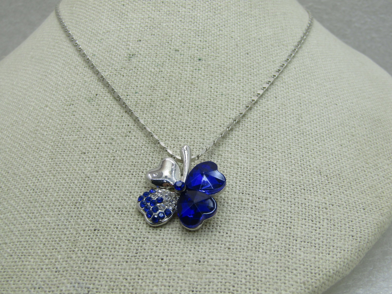 Blue Rhinestone 4-Leaf Clover Necklace, Silver Tone, 18" - 2