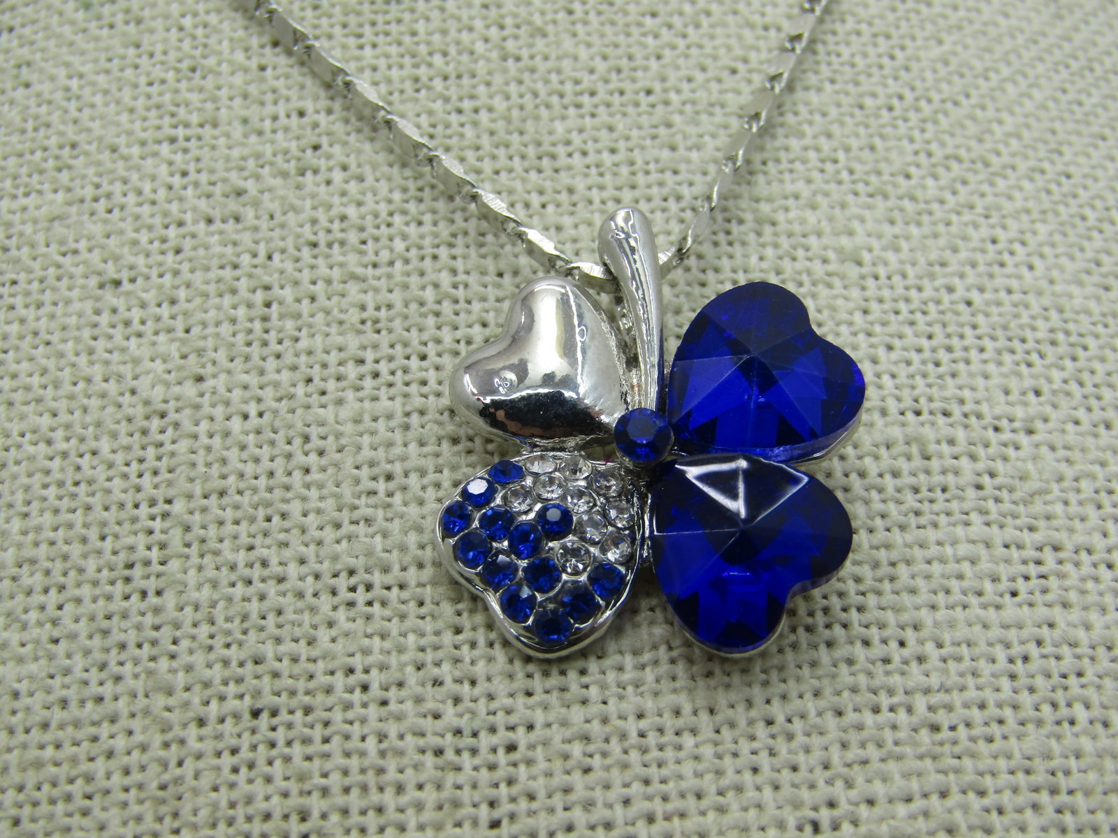 Blue Rhinestone 4-Leaf Clover Necklace, Silver Tone, 18" - 3