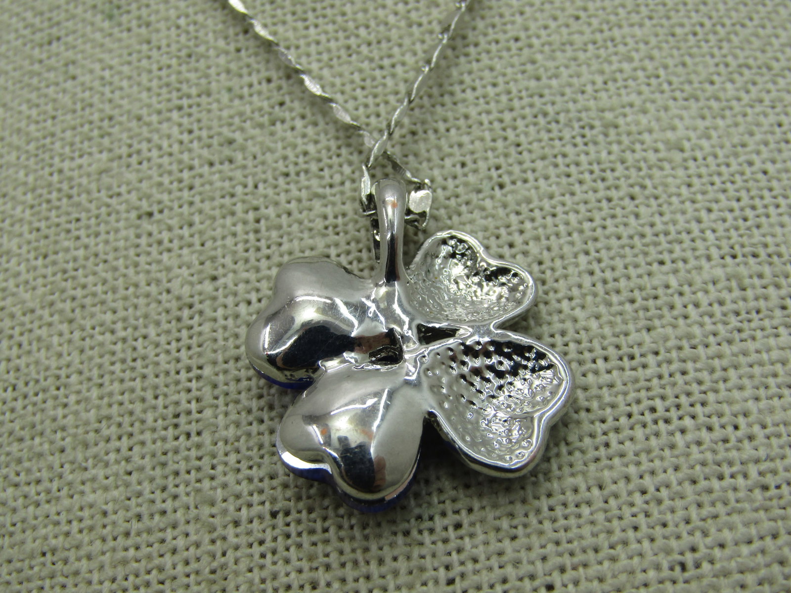Blue Rhinestone 4-Leaf Clover Necklace, Silver Tone, 18" - 4