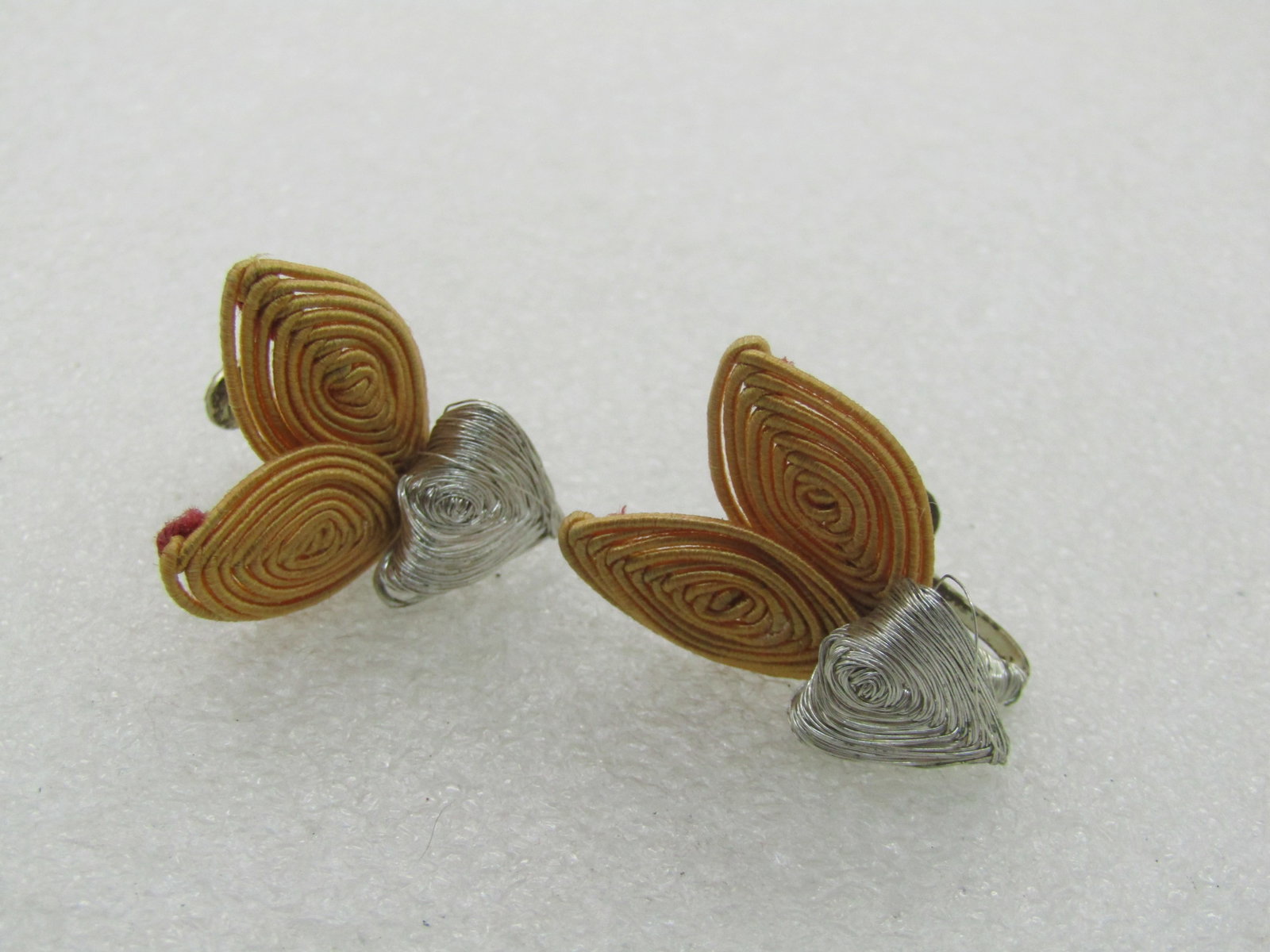 Vintage Silver and Gold Wrapped Butterfly Earrings, Screw Back, Hand Made - 2