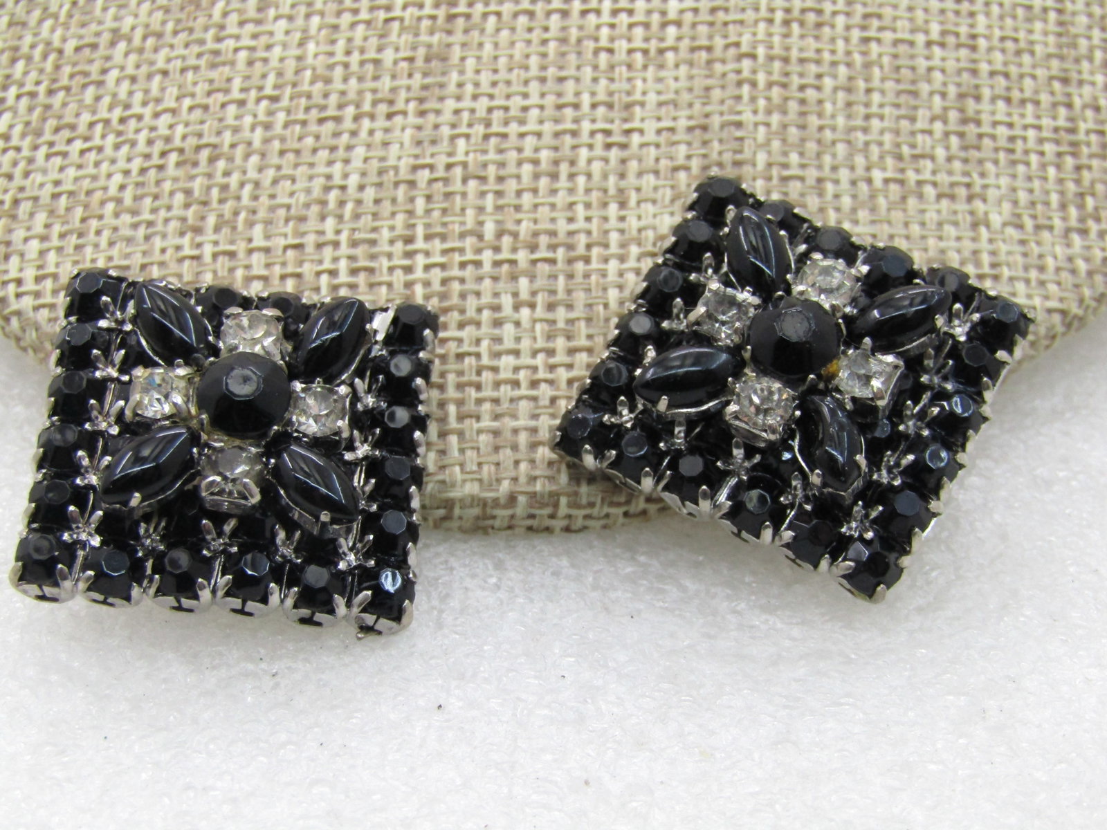 Vintage La Rel Black and Clear Rhinestone Earrings, Clip, 1" Square, - 2
