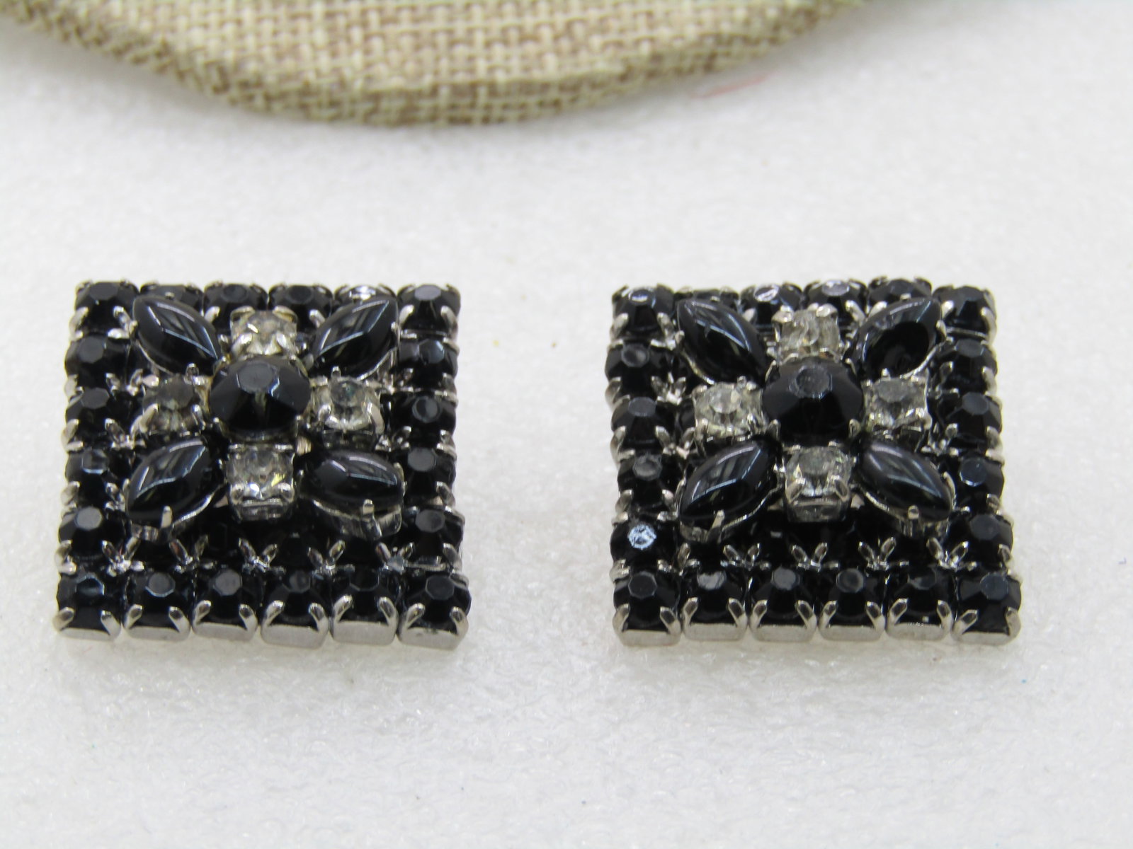 Vintage La Rel Black and Clear Rhinestone Earrings, Clip, 1" Square, - 3