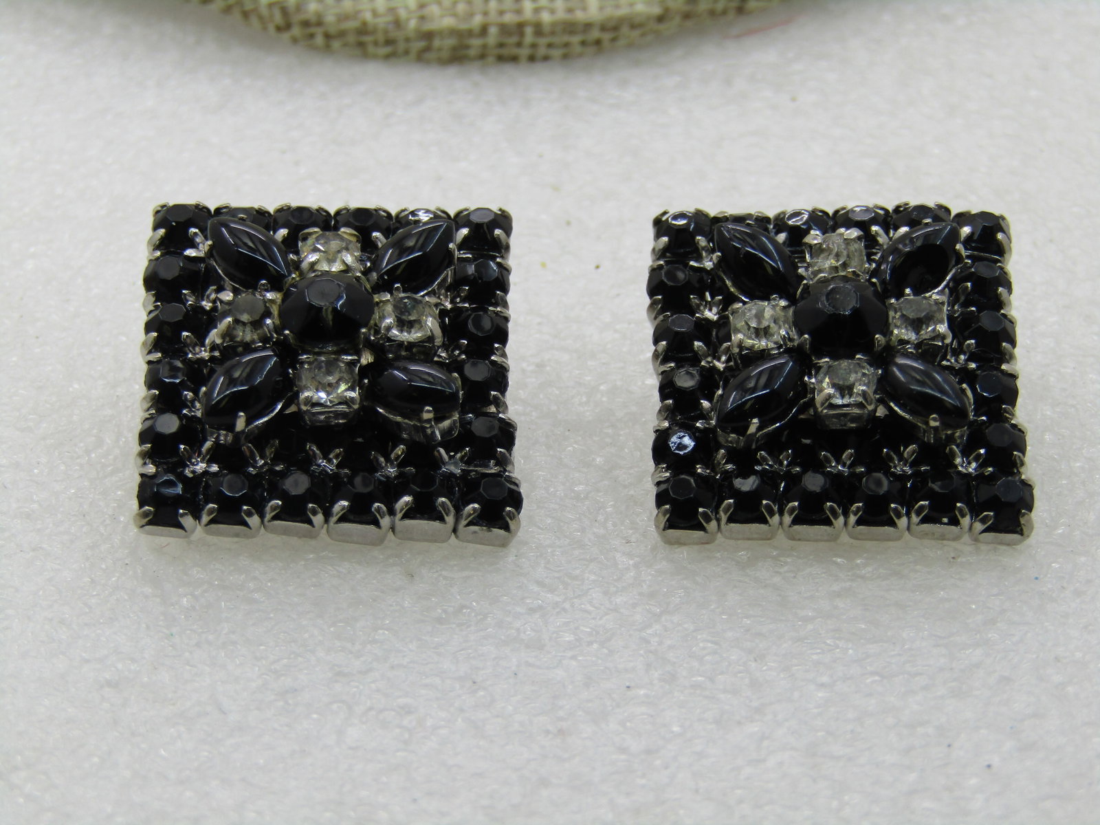 Vintage La Rel Black and Clear Rhinestone Earrings, Clip, 1" Square, - 4