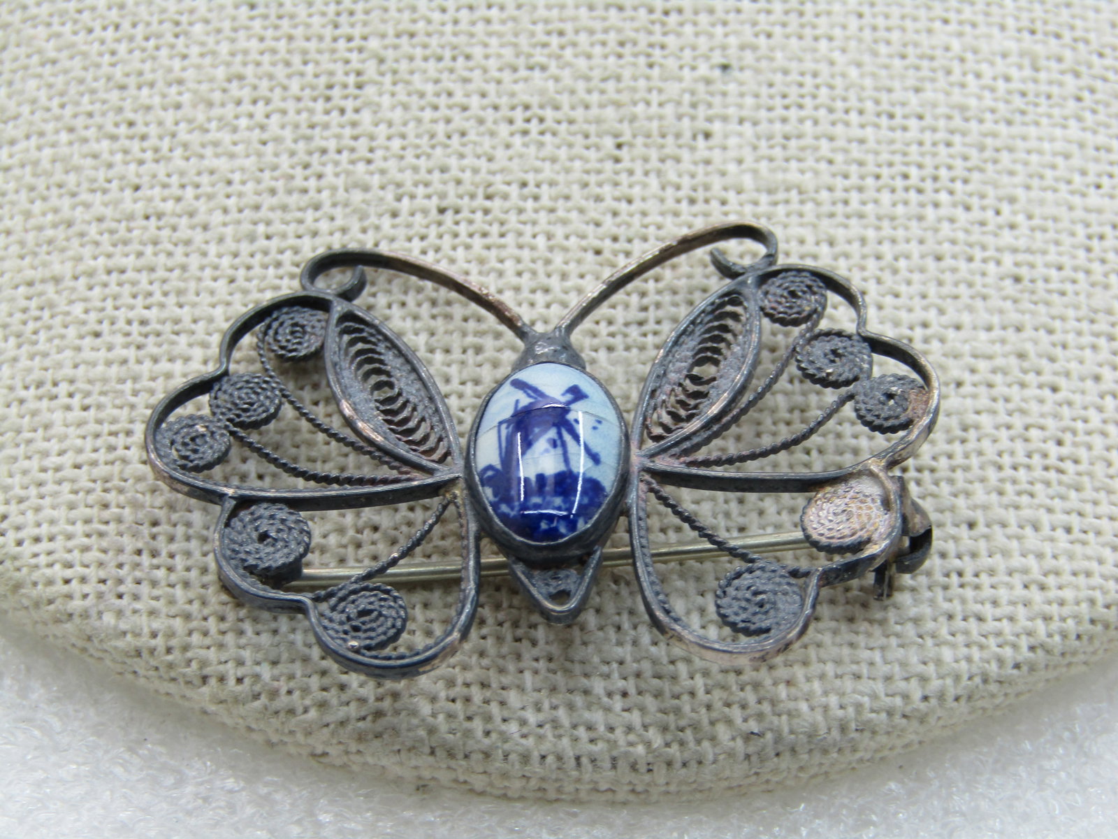 Vintage .835 Silver Delft Butterfly Brooch, Filigree, Mid-Century (1 of 7)