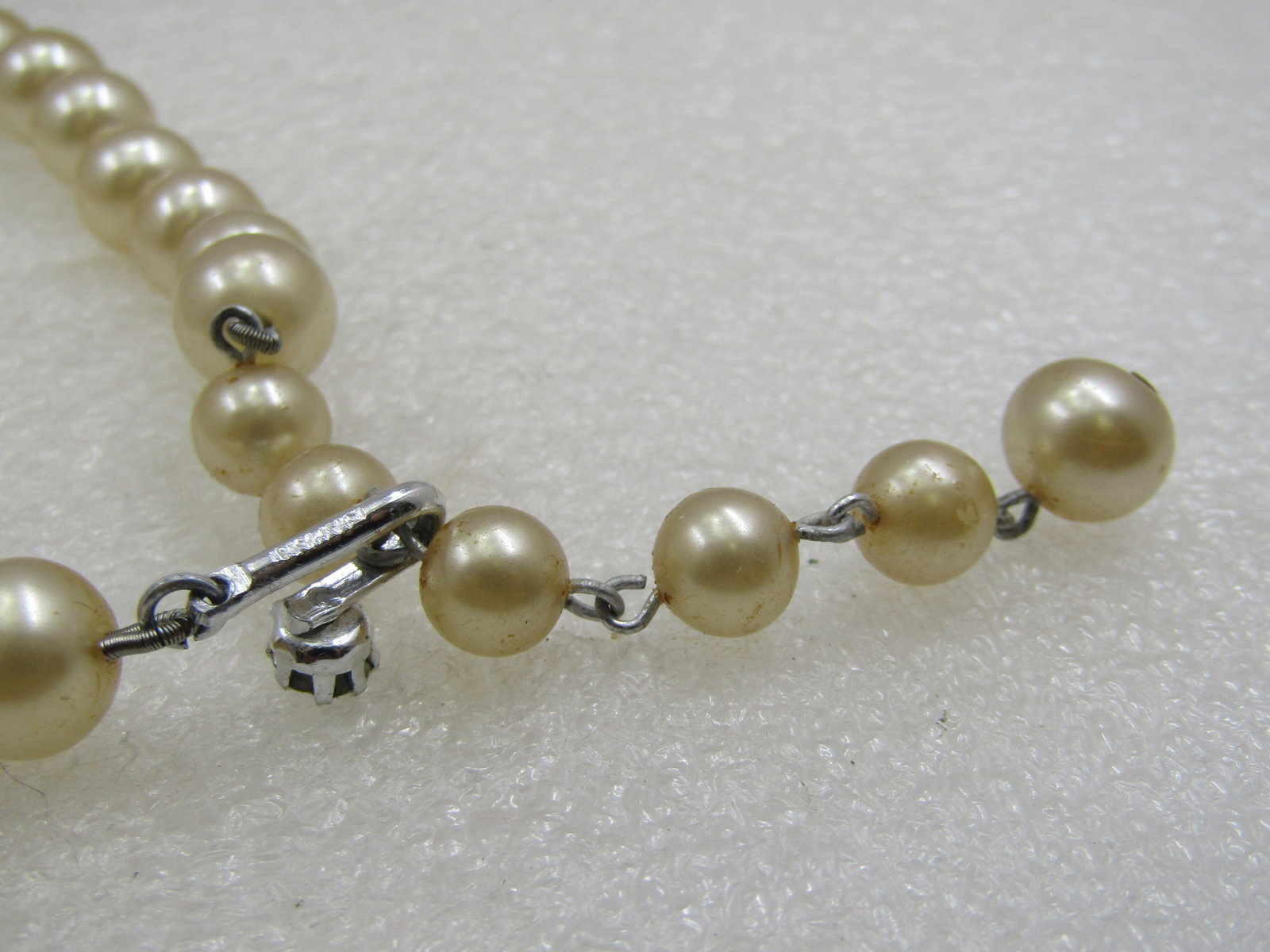 Vintage Japan Faux Pearl Necklace, 16", 9.5mm, Rhinestone - 7