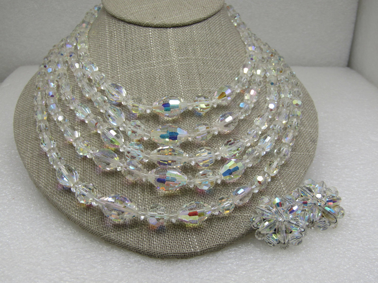 Vintage Five Strand Aurora Borealis Crystal Necklace and Earrings, Clip - 3
