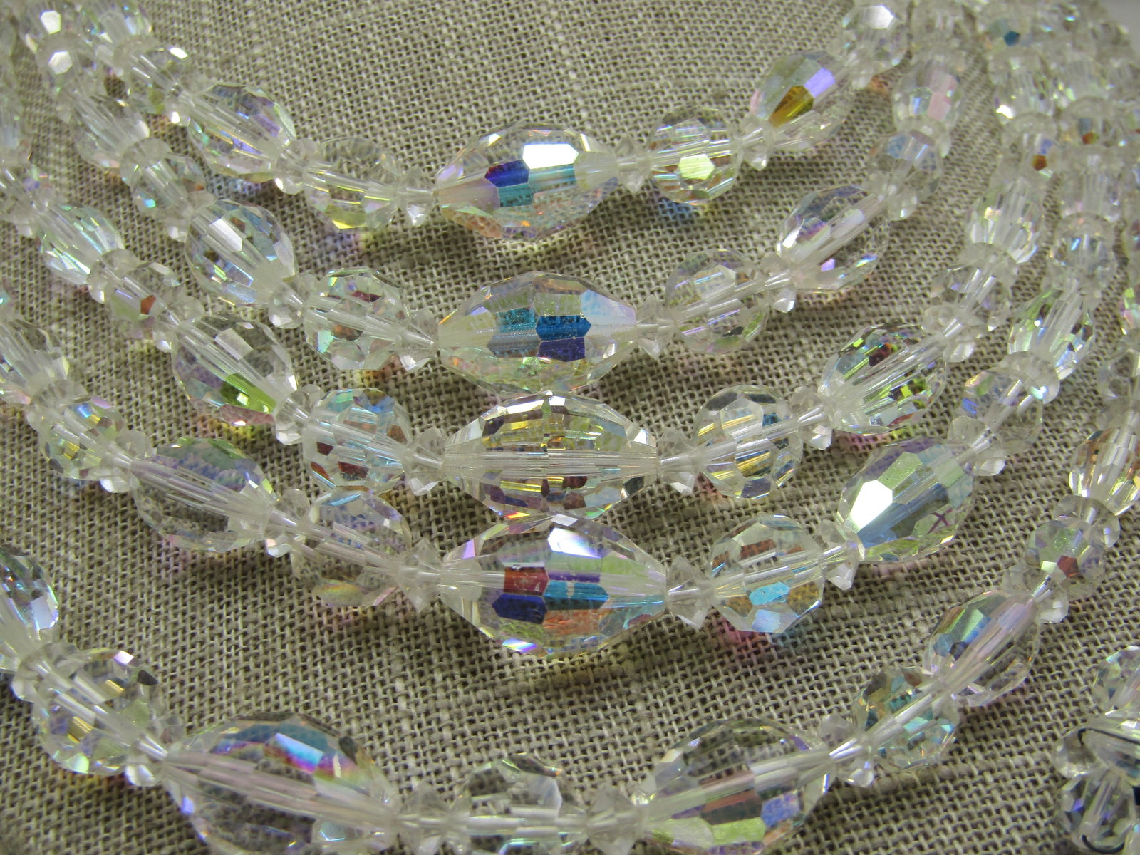 Vintage Five Strand Aurora Borealis Crystal Necklace and Earrings, Clip - 4