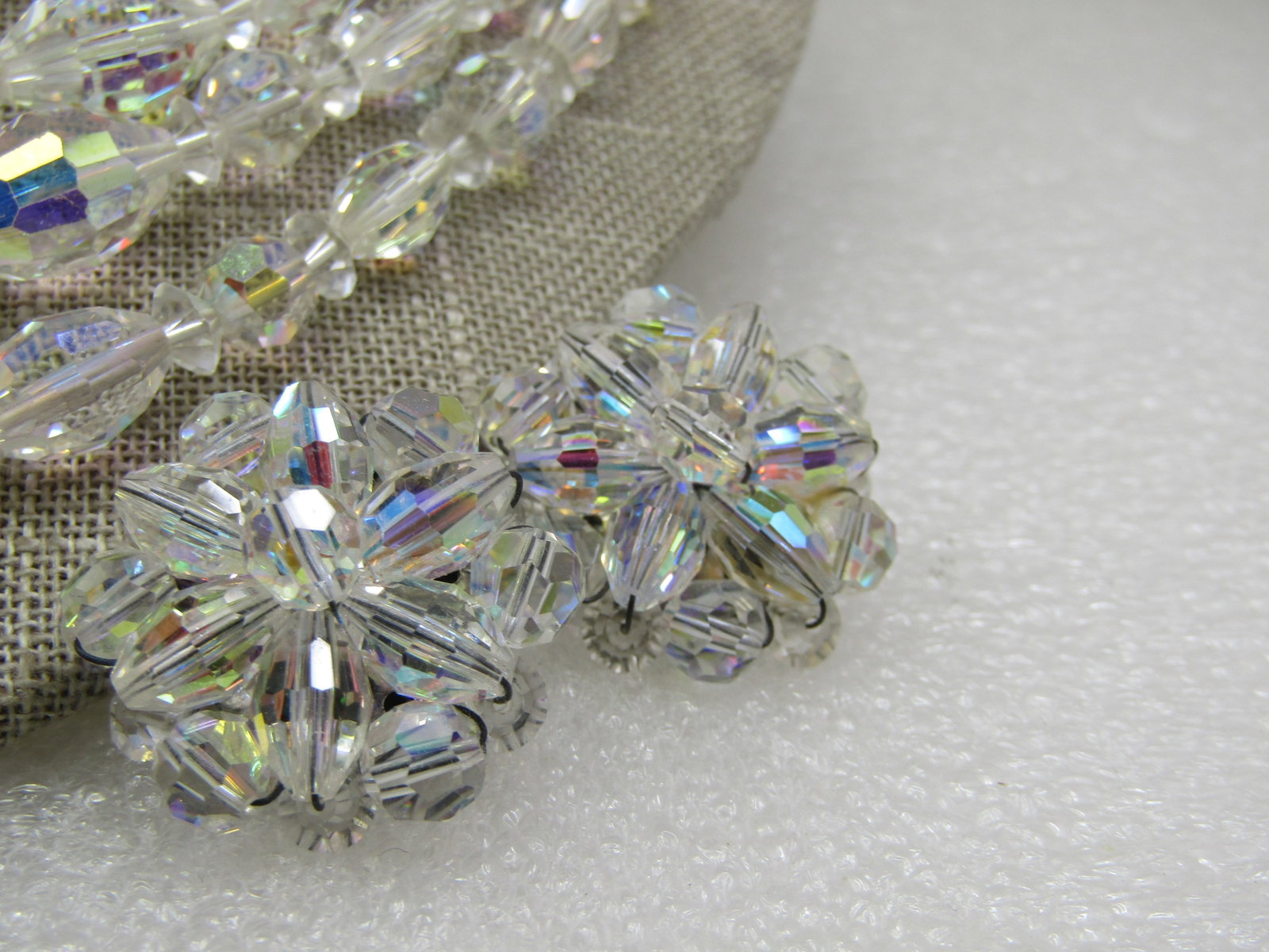 Vintage Five Strand Aurora Borealis Crystal Necklace and Earrings, Clip - 5