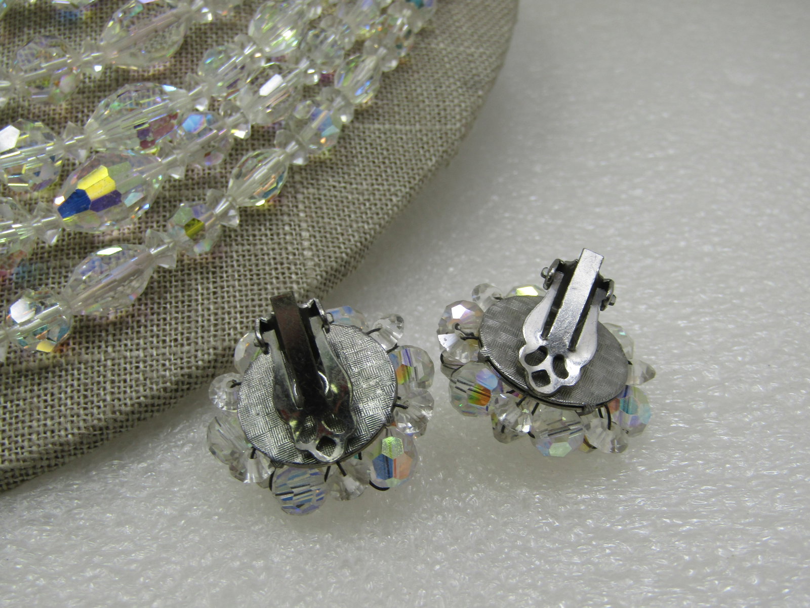 Vintage Five Strand Aurora Borealis Crystal Necklace and Earrings, Clip - 6