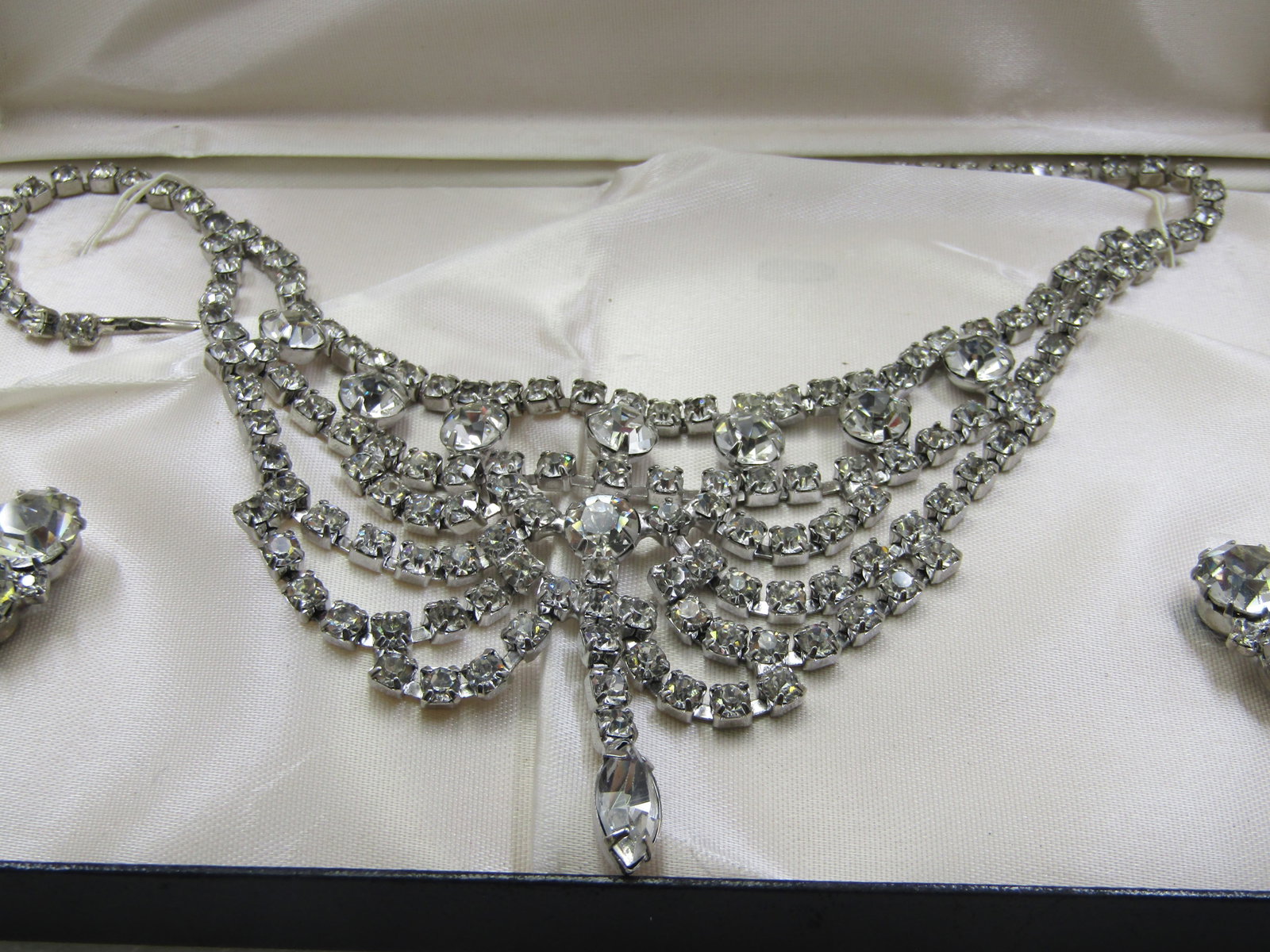 Vintage Rhinestone Bib Necklace and Earrings Art Deco Themed Set in Box - 2