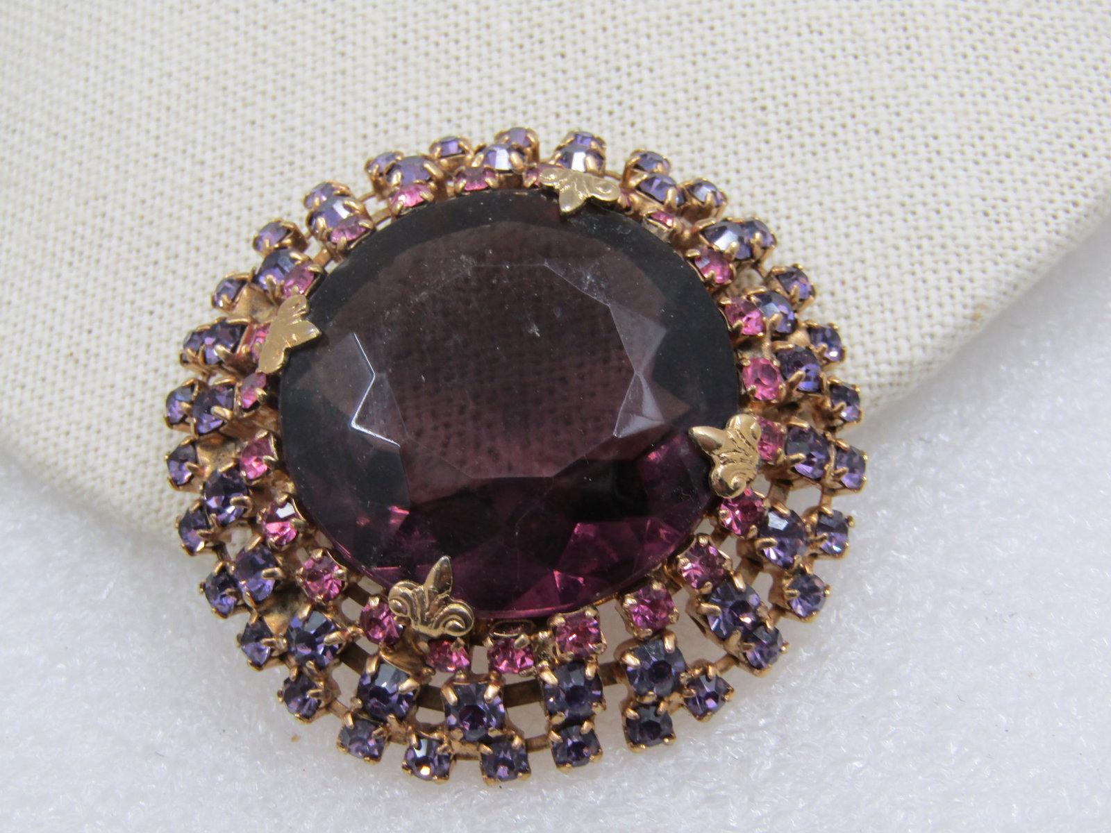 Vintage Purple and Pink Rhinestone Tiered Brooch, Mid-Centry, 2" - 2