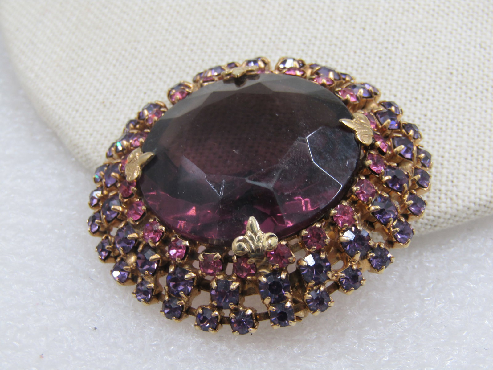 Vintage Purple and Pink Rhinestone Tiered Brooch, Mid-Centry, 2" - 3