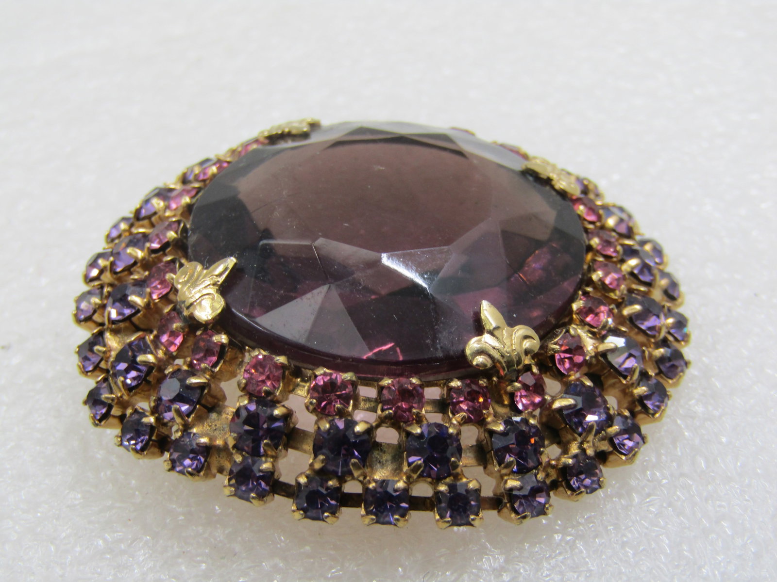 Vintage Purple and Pink Rhinestone Tiered Brooch, Mid-Centry, 2" - 5