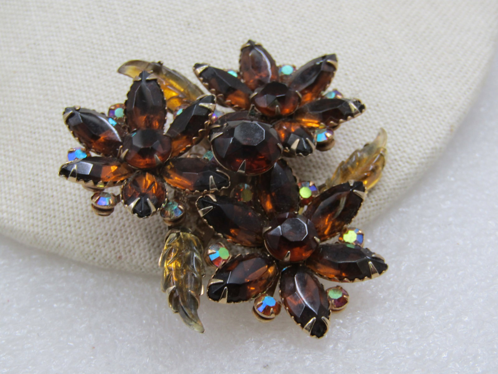 Vintage Brown Rhinestone Triple Blossom Brooch, Mid-Century, 2.5" - 2