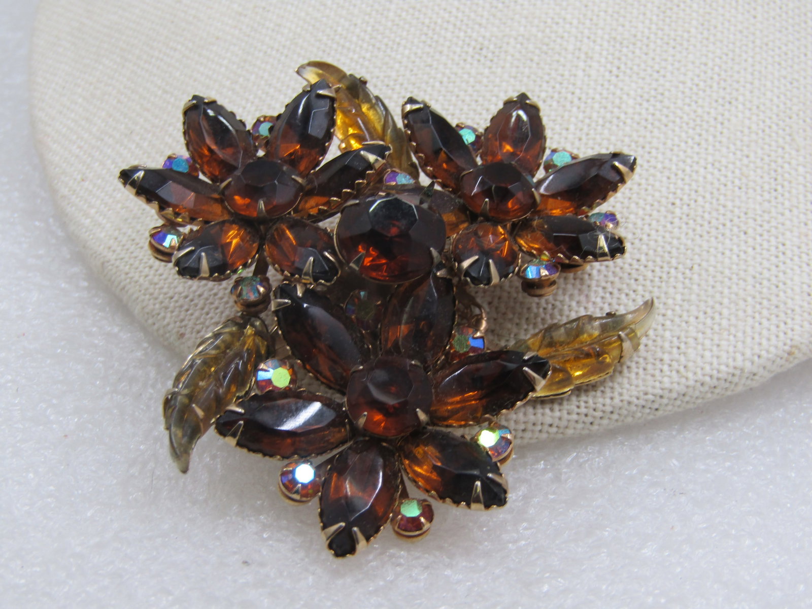 Vintage Brown Rhinestone Triple Blossom Brooch, Mid-Century, 2.5" - 3